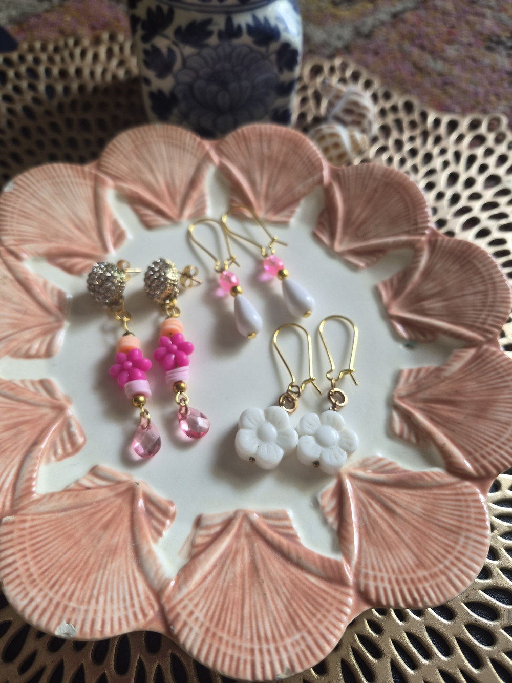 Handmade Pink and White Flower Earrings Set
